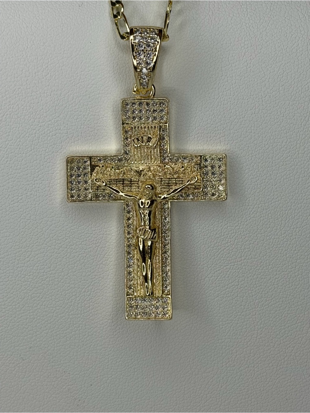 14K GF Crucifix Pendant Necklace with CZ 24” Figaro Necklace